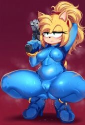 ai_generated amy_rose annoyed_expression arm_behind_head bodysuit cameltoe cosplay crossover dyed_hair erect_nipples heels holding_object medium_breasts novelai ponytail samus_aran_(cosplay) sega sonic_(series) sonic_the_hedgehog_(series) steaming_body that_guy9001 thick_thighs wide_hips zero_suit