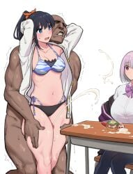 1boy 2girls absurdres arms_behind_head bikini black_hair black_pantyhose blank_stare blue_eyes bow bowtie breasts cardigan clothed_female_nude_male commentary_request cum cum_on_body cum_on_desk cum_on_food cum_on_hair desk ejaculation facial gridman_universe highleg highleg_bikini highres jacket large_breasts long_hair long_sleeves medium_breasts multiple_girls navel nim_r18 nude off_shoulder official_alternate_costume official_alternate_hairstyle open_cardigan open_clothes orange_scrunchie pantyhose penis ponytail purple_bow purple_bowtie purple_hair purple_jacket red_eyes school_desk school_uniform scrunchie shinjou_akane shirt short_hair side-tie_bikini_bottom ssss.gridman straight sweat swimsuit takarada_rikka thigh_grab thigh_sex thighs white_background white_cardigan white_shirt