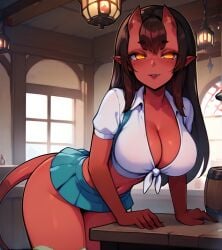 ai_generated cleavage dark_hair demon_girl demon_horns demon_tail freckles jhonensteele large_breasts meru_(merunyaa) miniskirt pointy_ears red_skin succubus tavern yellow_eyes