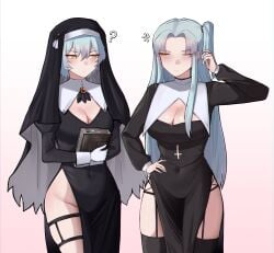 2girls angela_(lobotomy_corporation) blue_hair female female_focus female_only large_breasts library_of_ruina lobotomy_corporation long_hair nun nun_outfit project_moon short_hair thighs yellow_eyes