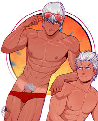 2boys abs bulge dante devil_may_cry devil_may_cry_5 foxbravo glasses_on_head male_on_male male_only muscles muscular muscular_male penis_peek pubes pubic_hair red_speedo silver_hair silver_pubic_hair solo_male speedo tagme tanned v-line vergil