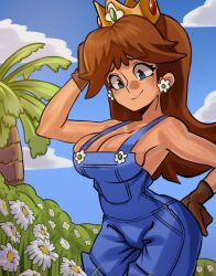 1girls big_breasts blue_eyes breasts brown_hair busty cleavage crown earrings female flower_earrings gloves jpeg mario_(series) moxydrawsmore no_bra no_bra_under_clothes overalls princess_daisy tagme tan_body tomboy