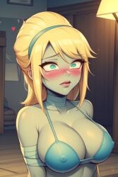 ai_generated bikini_zombie bikini_zombie_(pvz) blush breasts colored colored_skin headband heart love nipples nipples_visible_through_clothing plants_vs_zombies tied zombie zombie_girl