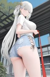 ai_generated alternate_costume ass ass_focus blush booty_shorts breasts denim denim_shorts female from_behind from_below green_eyes huge_ass jinhsi_(wuthering_waves) jinshi large_breasts leash long_hair looking_at_viewer looking_back looking_down shirt short_shorts shorts sideboob silver_hair solo very_long_hair wuthering_waves