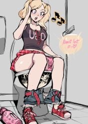 1girls ann_takamaki atlus bathroom belt biku black_tank_top blonde_hair blue_eyes blush bottle clothes_pull denim denim_shorts english_text highres looking_at_self musical_note open_mouth panties panties_around_leg pants pants_pull panty_pull peeing persona persona_5 pink_panties plaid_clothes plaid_skirt red_belt shoes shorts sitting skirt sneakers stained_panties sunglasses sunglasses_removed sweat tank_top toilet toilet_use twintails underwear unzipped water_bottle wet wet_panties wide-eyed x-ray