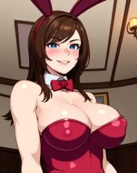 ai_generated blue_eyes breasts brown_hair bunny_ears bunnysuit erect_nipples female god_hand large_breasts olivia_(god_hand) pale-skinned_female pale_skin smile