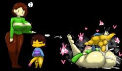 1boy 1girl aged_up ass before_and_after big_ass big_breasts big_sub_small_dom black_background breasts brown_hair chara chara_(undertale) charisk clothed_female cum cum_in_pussy cum_inside enigi09 feet female_chara frisk frisk_(undertale) half_naked_female half_naked_male half_nude half_nude_female heart_around_head long_penis male male_frisk mating_press rosy_cheeks sex small_dom_big_sub smaller_male tagme thick_thighs thighs tongue_out undertale undertale_(series) vaginal_penetration yellow_skin