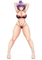 1girls armpits arms_behind_head big_breasts bra breasts busty child_bearing_hips cleavage feet female female_only green_eyes high_heels highres large_breasts legs looking_at_viewer navel original pose posing purple_hair sensual sexy_armpits short_hair smile solo thick_thighs thighs thong underwear voluptuous yukino_akaihi yukino_memories zel-sama