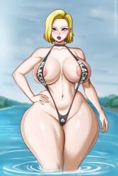 android_18 beach bikini blacked blacked_clothing blonde_hair blue_eyes cheating cheating_wife cuckold dark-skinned_male dragon_ball dragon_ball_super dragon_ball_z gmoreartworks huge_breasts interracial light-skinned_female netorare ntr queen_of_spades queen_of_spades_symbol thick_thighs visible_nipples