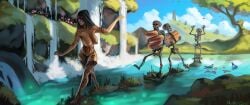 1girls bare_breasts belly belly_button dark-skinned_female dark_skin erect_nipples fantasy glowing_eyes happy hood lake loincloth moltenseal_(artist) nature necromancer nude panties piercing pink_nipples purple_eyes skeleton sky skyrim smile tan_body tattoo thighhighs thighs toned topless waterfall