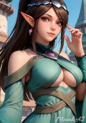 ai_generated bare_shoulders black_hair blue_eyes blush cleavage elf female female_only grin hair_between_eyes large_breasts moonliai navel paladins solo source_request stable_diffusion ying_(paladins)