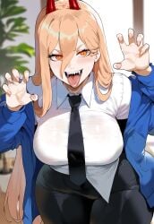 ai_generated black_pants blonde_hair chainsaw_man claw_pose clawed_fingers creamy_ai curvy demon_horns large_breasts narrow_waist power_(chainsaw_man) sharp_teeth shirt thick_thighs wide_hips yellow_eyes