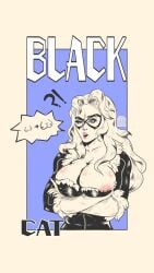 2024 2d 2d_(artwork) areolae big_breasts black_cat_(marvel) blue_eyes bodysuit breasts bursting_breasts busty cleavage domino_mask erect_nipples felicia_hardy female female_focus female_only hourglass_figure large_breasts long_hair marvel marvel_comics monochrome nipple_slip nipples overflowing_breasts pinup pinup_pose skin_tight speech_bubble spicy_cheeks spider-man_(series) tagme text white_hair wide_hips