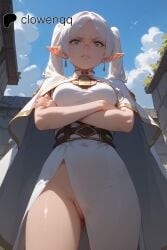 1girls ai_generated angry breasts clothing clowenqq crossed_arms elf elf_ears elf_female frieren from_below green_eyes lips looking_down partially_visible_vulva pussy_peek sousou_no_frieren white_hair