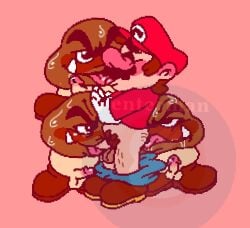 4boys balls blowjob blush brown_hair clothing eating_ass enterman facial_hair gay gloves goomba hat human kissing licking_ass male male_only mario mario_(series) nintendo pants_down penis pubic_hair red_hat red_shirt tongue tongue_out white_gloves