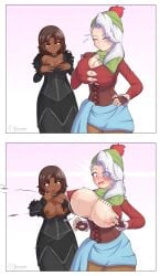 2girls 2koma beanie big_breasts blush breast_envy breasts breasts_out brown_hair bursting_breasts choker cleavage comic corset couple dark_skin dress embarrassed enf english_text exploding_clothes female_focus female_only gigantic_breasts happy huge_breasts interracial interracial_yuri large_breasts luckerabbit6 luckerabbit9 medium_breasts medium_hair morgan_seacole_(mazhazpazzaz) nipples orange_eyes original original_character outfit_swap oversized_clothes pale_skin red_eyes ripped_clothing scar scarf short_hair sidecut silver_hair small_breasts smaller_female taller_girl text thick_thighs tight_clothing wardrobe_malfunction wide_hips willow_vovk_(mazhazpazzaz)