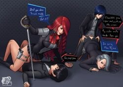 2boys 2girls ass big_breasts black_hair blue_hair breasts female femdom large_breasts long_hair makoto_yuki male megami_tensei mitsuru_kirijo multiple_boys multiple_girls persona persona_3 persona_3_reload persona_5 razillon red_hair ren_amamiya sae_niijima school_uniform sex silver_hair straight