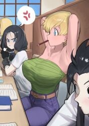 1boy 2girls anger_vein armpits arms_behind_head bangs belt black_hair blonde_hair blue_eyes blue_pants blush book breast_envy breasts brown_belt cleavage closed_mouth clothing denim desk dragon_ball dragon_ball_z earrings erasa female fingerless_gloves gloves green_shirt indoors jeans jewelry large_breasts long_hair looking_at_viewer mouth_hold multiple_girls nia4294 nia_(nia4294) pants pencil shirt short_hair sitting son_gohan spoken_anger_vein strapless tied_hair twintails videl white_shirt