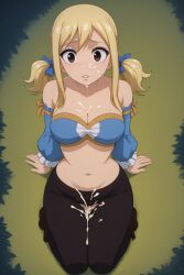 ai_generated blonde_hair brown_eyes cum cum_in_pussy cum_on_breasts cum_on_face fairy_tail from_above looking_at_viewer lucy_heartfilia open_eyes outdoors partially_clothed ripped_clothing self_upload shocked_expression sitting stable_diffusion