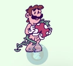 1boy balls blowjob brown_hair enterman facial_hair feet gloves human luigi male male_only mario_(series) moustache nintendo nude nude_male open_mouth oral oral_sex piranha_plant plant