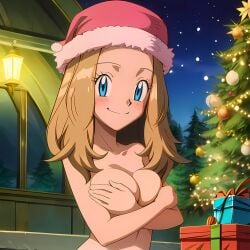 ai_generated breasts christmas christmas_headwear christmas_tree covering_nipples female hentai_world nintendo outdoors pokemon pokemon_xy pokemon_xy_(anime) serena_(pokemon) serena_(pokemon_games) smile