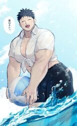 bara beach big_pecs black_hair blush fully_clothed hayami_masaki huge_pecs kengan_(series) kengan_omega khstnttntn male male_only muscular muscular_male ocean partially_submerged pecs pectoral_cleavage pinup smile solo tied_shirt water wet_body wet_clothes wet_skin