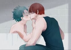 2boys anmnkmn bare_shoulders bath bathing bathroom bathtub black_shirt blush boku_no_hero_academia bones_(company) bones_(studio) closed_eye clothed_male_nude_male curly_hair freckles green_hair green_pants high_school_student highres in_bathtub indoors izuku_midoriya kissing messy_hair midoriya_izuku multicolored_hair my_hero_academia nude pants red_hair scar scar_on_arm scar_on_face shirt short_hair shounen_jump shouto_todoroki sleeveless sleeveless_shirt student teen teen_boy teenage teenage_boy teenager tododeku todoroki_shouto two-tone_hair wet wet_hair white_hair yaoi