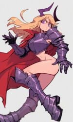 1girls ai_generated armor blonde_hair bottomless bottomless_female cape feijner_(kosine1777) female_knight horns knight kosine1777 long_hair original original_character purple_eyes purple_horns red_cape valbun_style