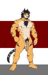 anthro athletic balls brother_(lore) chimera domestic_cat felid feline felis genitals hi_res horn hunterramirez male male/male mammal muscular nude pantherine penis pinup pose sibling_(lore) smile solo tiger