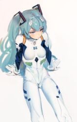 absurdres blue_eyes blue_hair bodysuit breasts gloves hatsune_miku highres long_hair looking_to_the_side neon_genesis_evangelion plugsuit sitting small_breasts sweetonedollar twintails wariza