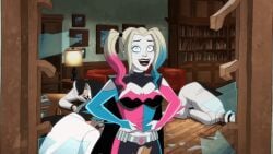 animated_gif blue_hair dyed_hair edit fastizio flashing_breasts gauntlet_blades harley_quinn harley_quinn_(series) inverted_nipples pink_hair