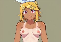 1girls ai_generated areola blonde_hair blossomtea brazilian brazilian_female brazilian_tan breasts civitai closed_mouth closed_mouth_smile collarbone constricted_pupils hair_ornament hairband hairband_bow hairclip headband kagamine_rin latina latina_female latinafication leotard_removed masa_works_design medium_hair nipples nude oni_to_kitsune_no_hanashi race_change red_eyes self_upload shikyou_amanojaku simple_background small_breasts smile solo tan_body tan_skin tanline tsurime upper_body vocaloid white_hairclip yellow_eyebrows yellow_hair