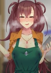 apron breasts brown_hair dr._arach female iced_latte_with_breast_milk_(meme) lactation lactation_through_clothes large_breasts long_hair meme solo sweat tsukihime tsukihime_(remake)