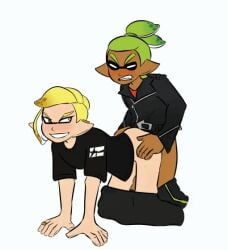 2024 animated cephalopod clothing coroika dark-skinned_male doggy_style doggystyle_position emperor_(splatoon) gay gay_sex green_hair inkling inkling_boy light-skinned_male pants_down partially_clothed rider_(splatoon) sex splatoon splatoon_(manga) splatoon_(series) squarekingcup style_emulation style_parody tentacle_hair yaoi yellow_eyes yellow_hair