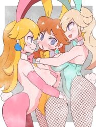 3girls blonde_hair blue_bow blue_eyes blush bow breasts brown_hair bunnygirl bunnysuit detached_collar earrings female female_only females fishnets flower_earrings kurachi_mizuki large_breasts mario_(series) multiple_girls nintendo open_mouth orange_bow pasties pink_bow playboy_bunny princess princess_daisy princess_peach princess_rosalina rabbit_ears rabbit_tail royalty sweat yuri