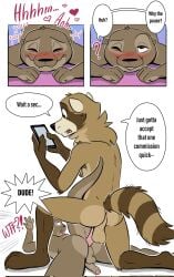 anal anal_sex annoyed anthro balls bite biting_lip blep brown_body brown_fur cellphone closed_eyes cute_fangs dialogue distracted_sex duo electronics erection felix_(nik159) foreskin from_behind_position fur genitals hi_res holding_cellphone holding_object holding_phone holding_smartphone humanoid_genitalia humanoid_penis interrupted looking_pleasured male male/male mammal moan mustelid nik_(nik159) nikraccoom otter penetration penile penile_penetration penis penis_in_ass phone plap procyonid prone_bone_position raccoon sex smartphone smile speech_bubble speed_bump_position text tongue tongue_out