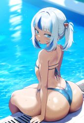 ai_generated ameanon ass big_ass blue_swimwear flat_chest gawr_gura hololive looking_at_viewer sitting swimwear thick_thighs