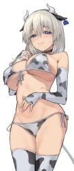 ass_visible_through_thighs bare_belly blue_eyes blush bra breasts cleavage closed_mouth cow_bra cow_gloves cow_panties cow_thighighs elbow_gloves gloves grey_hair hand_on_own_belly horns huge_breasts mature_female medium_hair milf nonco panties side-tie_panties sideboob sweatdrop thighhighs thighs underboob underwear uzaki-chan_wa_asobitai! uzaki_tsuki zeta_gundam