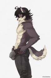 abs anthro athletic biped bottomwear bottomwear_pull bulge canid canine canis clawed_fingers claws clothed clothing clothing_lift clothing_pull detailed_bulge ghostekey hair hi_res hybrid keiji_(renacali) looking_down male male_anthro mammal meme multicolored_body navel neck_tuft nipples pants pants_pull partially_clothed pecs pubes side_view solo tail tight_pants_(meme) topless tuft two_tone_body underwear wardrobe_malfunction wolf wolfdog yellow_eyes