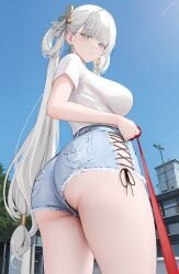 ai_generated alternate_costume ass ass_focus blush booty_shorts breasts denim denim_shorts female from_behind from_below green_eyes huge_ass jinhsi_(wuthering_waves) jinshi large_breasts leash long_hair looking_at_viewer looking_back looking_down shirt short_shorts shorts sideboob silver_hair solo very_long_hair wuthering_waves