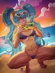 2024 athletic athletic_female beach bernhard_binder brazil brazilian brazilian_female brazilian_miku busty female female_focus female_only hatsune_miku hourglass_figure long_hair outdoors outside squatting tagme tan tan_body tan_skin twintails vocaloid wide_hips