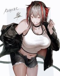 1girls arknights black_panties cowboy_shot donatasamade female female_only large_breasts light-skinned_female light_skin open_clothes open_shorts red_horns shorts smile solo w_(arknights) white_hair white_tank_top