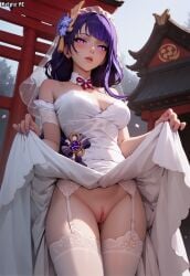 ai_generated breasts female garter_belt genshin_impact hair_ornament kelpie_ai light-skinned_female lingerie looking_at_viewer presenting_pussy purple_eyes purple_hair pussy raiden_shogun solo stockings wedding_dress wedding_veil wet_pussy