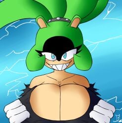 1girl accessory bettysantana big_breasts black_clothing black_hair blue_eyes breasts evil_smile furry furry_female green_hair mischievous_smile mobian_(species) smile sonic_(series) sonic_the_hedgehog_(idw) sonic_the_hedgehog_(series) surge_the_tenrec white_body white_gloves