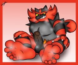 1boy 2019 5_toes barefoot benjipaws big_penis big_testicles claws erection feet feline foot_focus fur furry heavy_breathing hi_res humanoid_feet humanoid_penis incineroar male male_only mammal muscular muscular_male musk nintendo no_humans penis pokémon_(species) pokemon pokemon_sm red_fur sharp_teeth signature simple_background sitting smile smirk soles solo steam sweat teeth testicles toes video_games