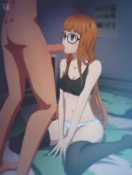 1boy 1girls ahoge blush bra dubious_consent fellatio just_the_tip keihh nervous oral orange_hair panties persona persona_5 sakura_futaba small_breasts uncensored worried