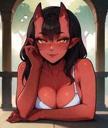 ai_generated cleavage dark_hair demon_girl demon_horns freckles heart jhonensteele meru_(merunyaa) pointy_ears red_skin yellow_eyes