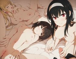 1boy 3girls absurdres asou_(asabu202) black_hair blonde_hair breasts brown_eyes censored completely_nude female_masturbation handjob highres kasumigaoka_utaha katou_megumi large_breasts long_hair looking_at_viewer masturbation medium_breasts mosaic_censoring multiple_girls navel nipples nude penis pussy red_eyes saenai_heroine_no_sodatekata sawamura_spencer_eriri short_hair straight twintails