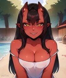 ai_generated cleavage dark_hair demon_girl demon_horns freckles jhonensteele meru_(merunyaa) pointy_ears red_skin straps_off_shoulders yellow_eyes