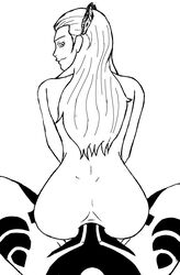 1boy anal black_and_white blank_background demi-fiend female hair_ornament hitoshura long_hair looking_behind louisa_ferre lucifer_(megami_tensei) megami_tensei penis shin_megami_tensei shin_megami_tensei:_strange_journey shin_megami_tensei_iii:_nocturne sitting sitting_on_lap sitting_on_penis smile tattoos